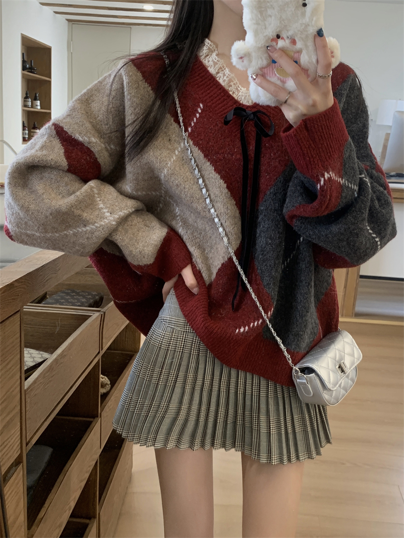 PF28830#宽松蕾丝拼接撞色V领针织毛衣冬季蝴蝶结上衣女裝貨源服裝批發