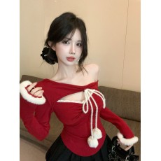 批发实拍实价 纯欲圣诞新年红毛球绑带加绒<b class='q'>打底衫</b>扭结镂空<b class='q'>蕾丝</b>边上衣