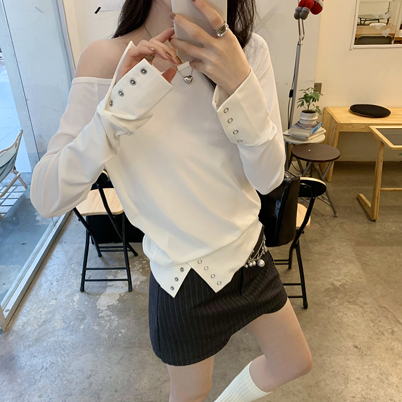 LN70756# 斜肩暗扣修身显瘦内搭打底衫女秋冬季辣妹长袖t恤上衣 服裝批發女裝批發服飾貨源