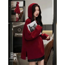 批发秋冬超好看红色中长款连帽毛衣女款2024新款冬季慵懒风宽松针织衫