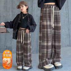 批发<b class='q'>女</b>童<b class='q'>加绒裤</b>子冬季2025新款<b class='q'>女</b>大童格子裤春秋毛呢休闲裤儿童阔腿<b class='q'>裤</b>