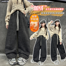 批发<b class='q'>女</b>童<b class='q'>加绒裤</b>子大童秋冬时尚加厚卫裤洋气宽松儿童一体绒条纹阔腿<b class='q'>裤</b>
