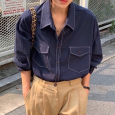 批发有货INS博主款 小众明线双口袋设计超正百搭<b class='q'>衬衫</b>春