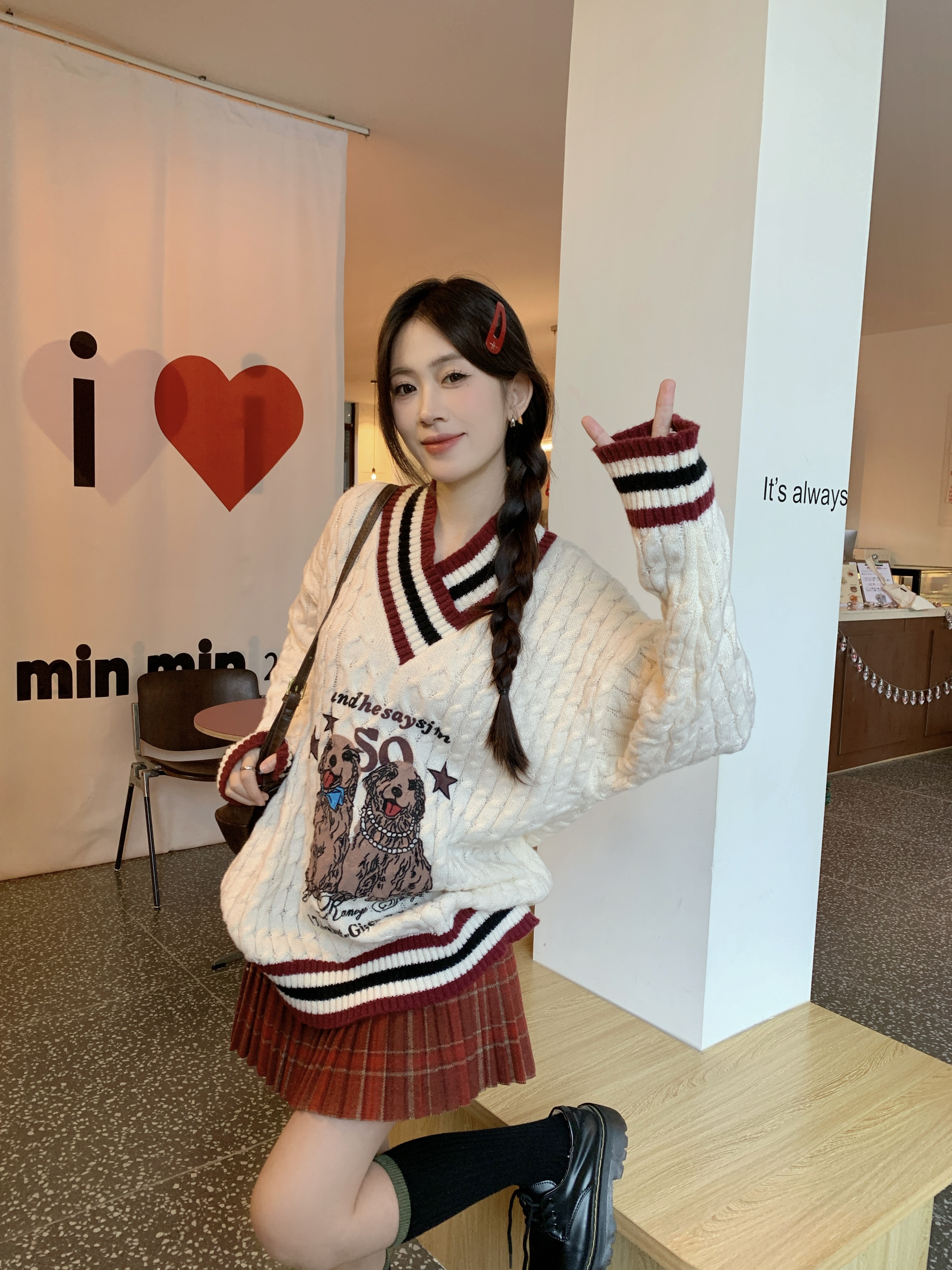 PF28823# 美式慵懒露肩毛衣女秋冬外穿宽松V领麻花上衣半身裙套装女裝貨源服裝批發