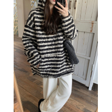 批发冬季韩版简约休闲上衣绒绒颗粒感宽松慵懒条纹连帽<b class='q'>卫衣</b>