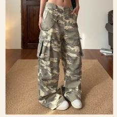 批发美式复古水洗迷彩口袋工装休闲裤女高街百搭<b class='q'>宽松</b>运动直筒阔腿裤