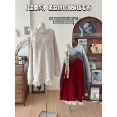 批发小雨姐姐新款安妮尔毛衣温柔风蕾丝蝴蝶结系带宽松针织毛衣女