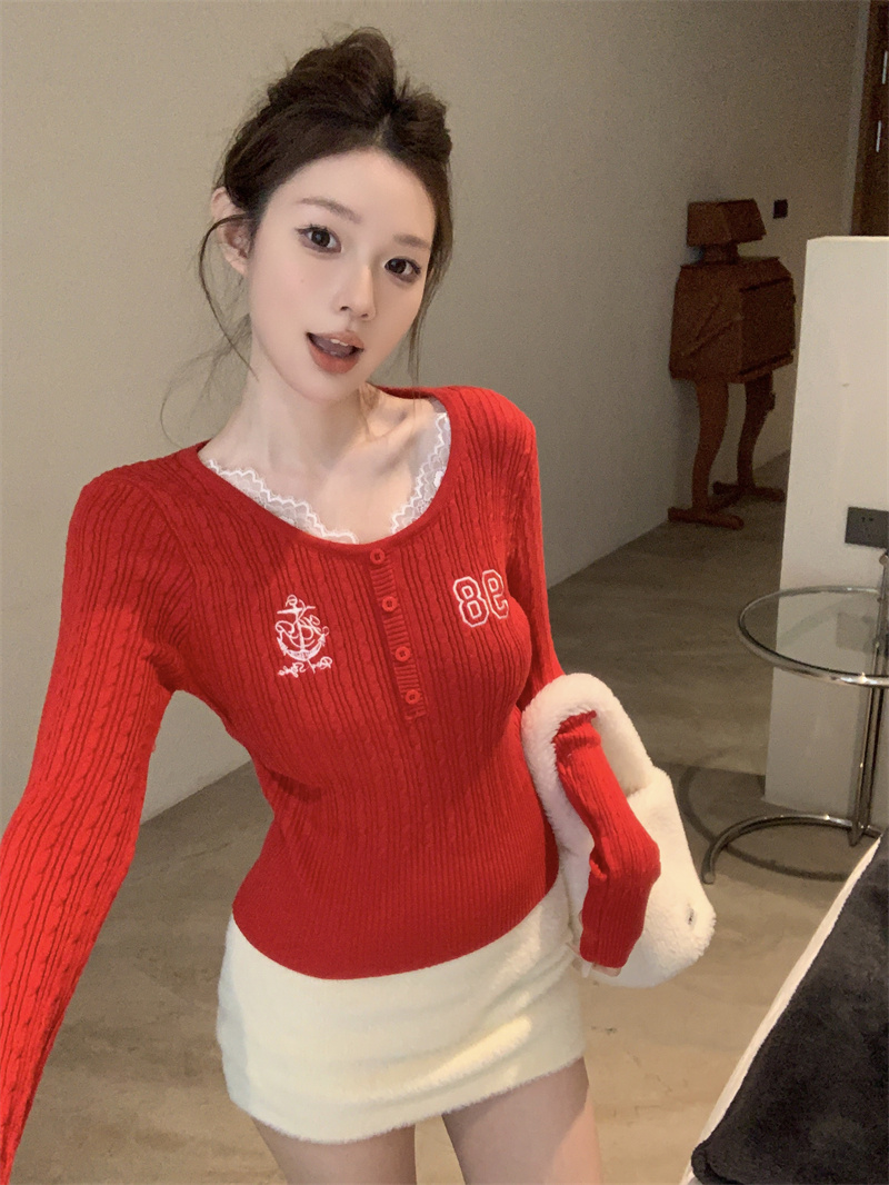 PF29556#慵懒高级感长袖复古蕾丝红色针织衫女裝貨源服裝批發