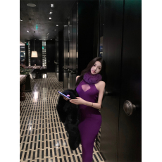 批发实拍实价  狐狸毛性感胸前透视针织包臀长裙挂脖礼服连衣裙