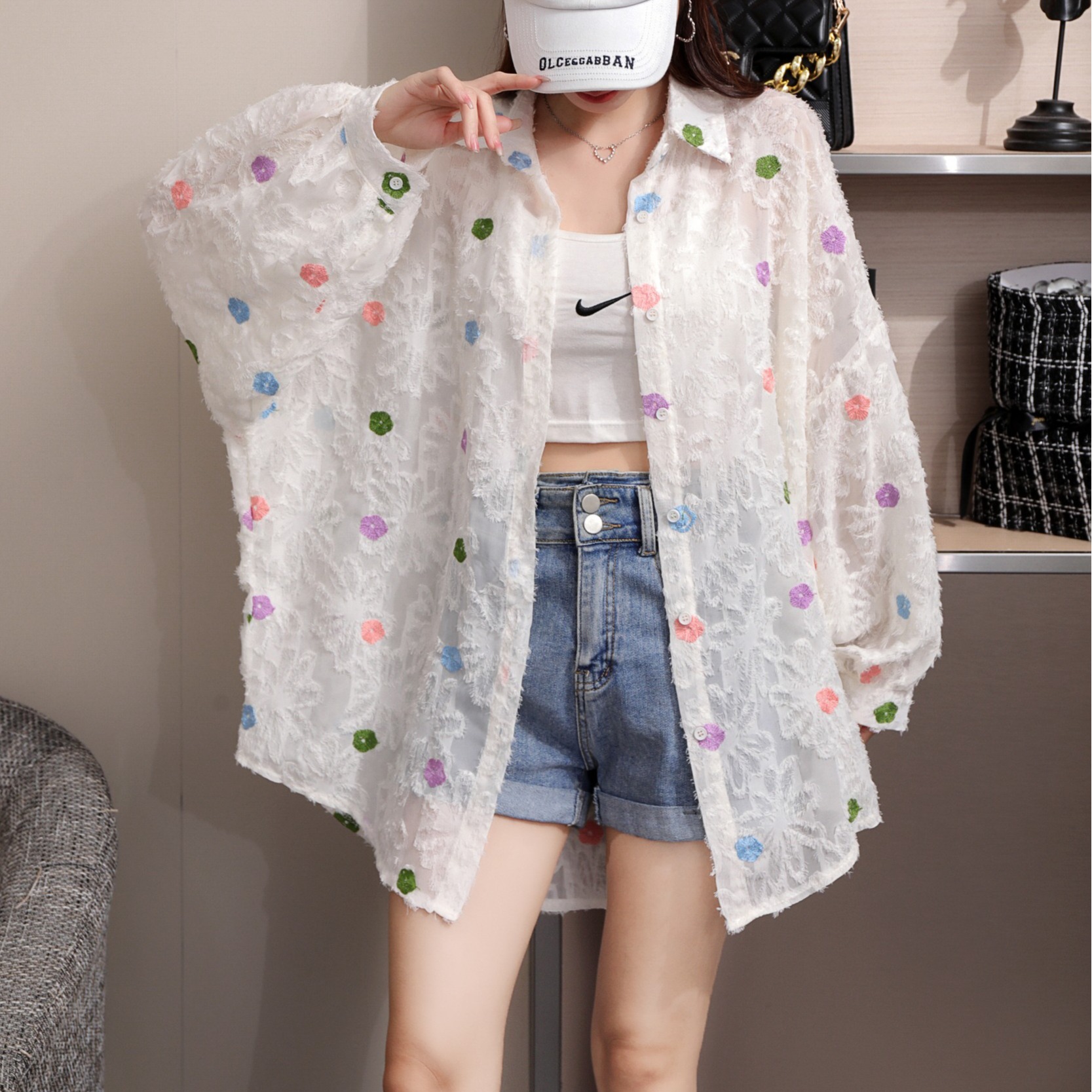 RY346# 实拍韩版春季彩色提花蕾丝衫大码宽松休闲原宿风衬衣防晒衣外套女