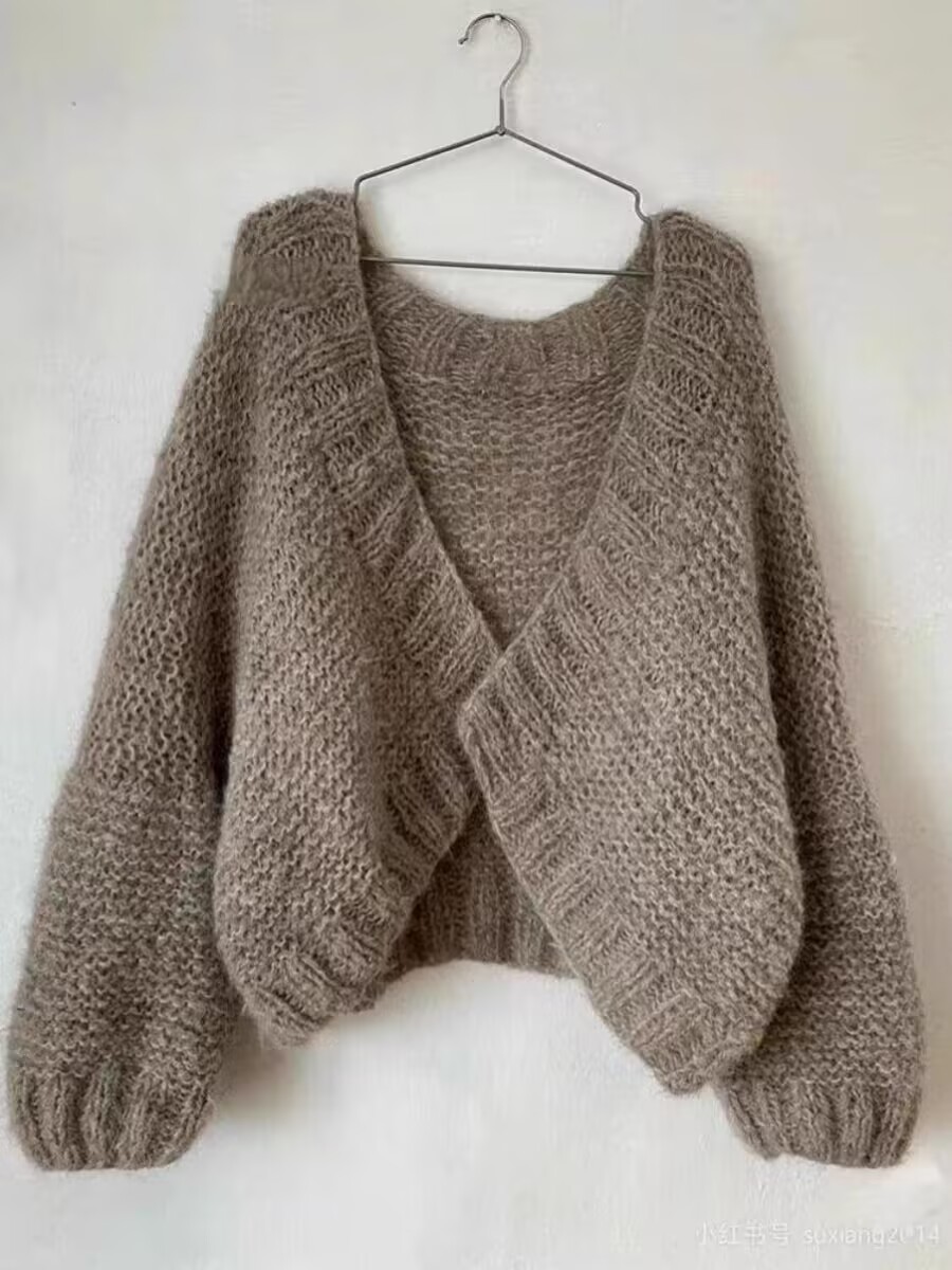 PF28825#慵懒风长袖毛衣外套女棕色v领别致独特针织开衫上衣女裝貨源服裝批發