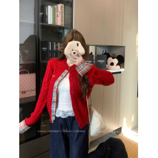 批发实拍实价 刺绣格纹拼接红色毛衣学院风休闲针织开衫外套