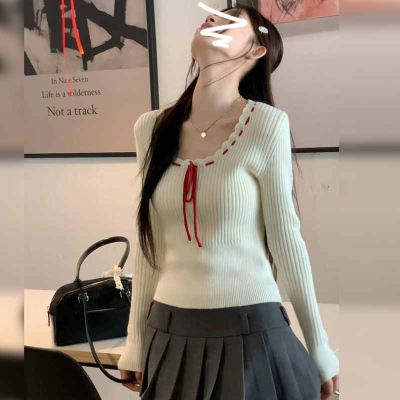 PF28826#韩系穿搭洋气独特别致修身内搭上衣女秋冬季高级感打底针织衫女裝貨源服裝批發