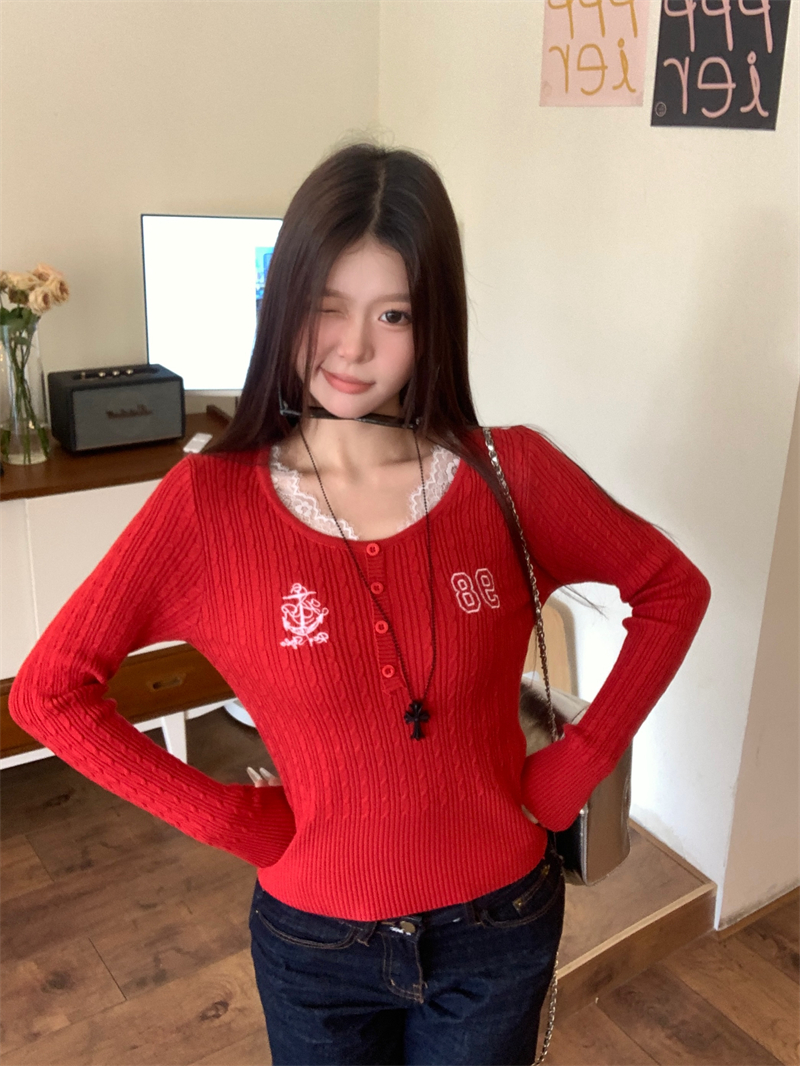 PF28819#新款慵懒高级感长袖复古蕾丝红色针织衫女裝貨源服裝批發