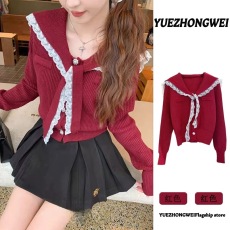 批发天猫抖音质量新年红蕾丝拼接开衫女秋冬季<b class='q'>修身</b>内搭针织<b class='q'>打底衫</b>上衣