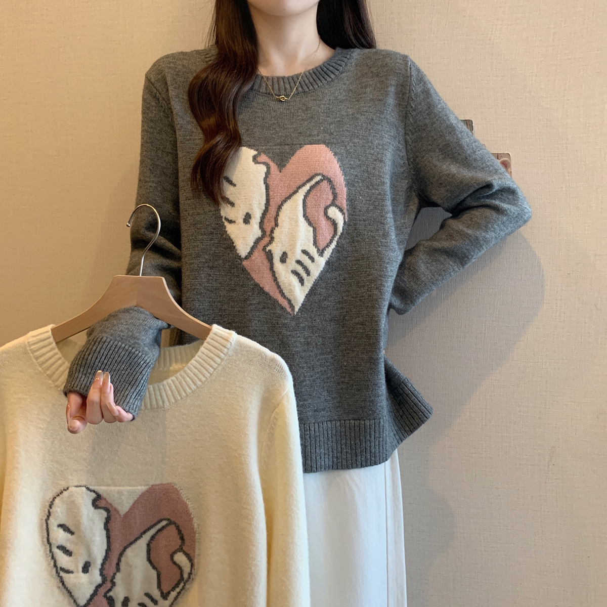 PF29470#新款胖mm大码女猫咪卡通爱心套头针织衫内搭软糯毛衣女裝貨源服裝批發