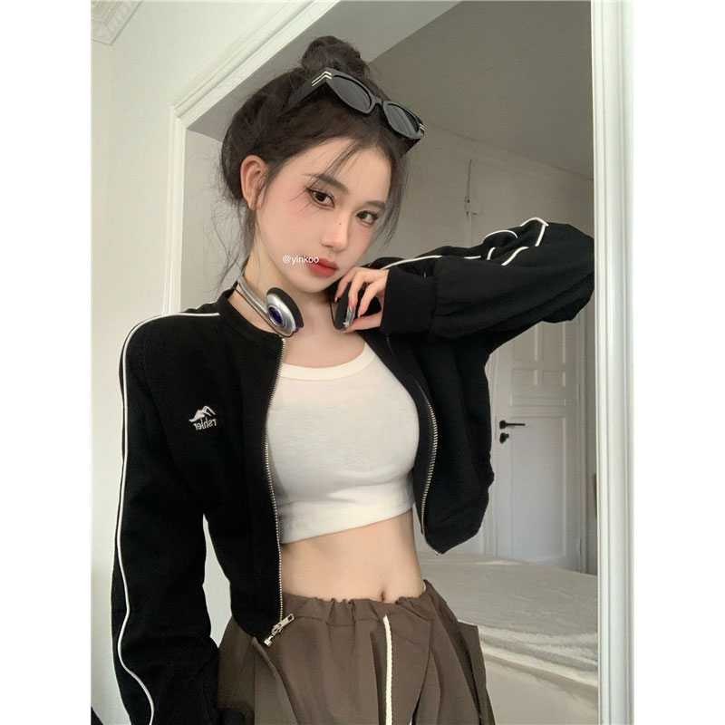 아메리칸 후드티 긴팔 하이웨이스트 재킷 봄 가을 레트로 이슬 뼈의 지퍼 오픈 가디건 쇼트 스타일 맨위