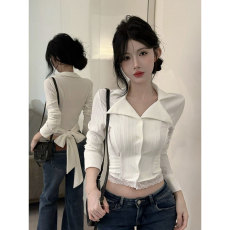 批发原版品质韩系白色衬衫女<b class='q'>春</b>夏chic辣妹设计感小众短款气质上衣