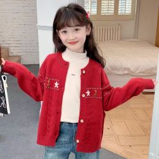 批发女童开衫毛衣秋<b class='q'>冬</b>2025新款儿童女孩休闲百搭红色针织外套