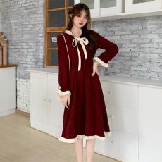 批发韩国外贸<b class='q'>连衣裙</b>秋季中长款新款裙子学生木耳边立领收腰学院风