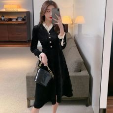 批发大码200斤法式复古赫本风灯芯绒显瘦茶歇高级感木耳边立领连衣裙