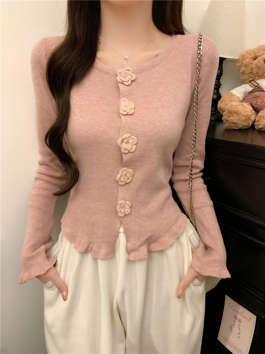 PF28991#韩系山茶花针织开衫初冬别致绝美长袖上衣外套毛衣女裝貨源服裝批發