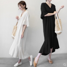批发韩版女装新款<b class='q'>宽松</b>大码中袖V领棉麻<b class='q'>连衣裙</b>夏文艺长款亚麻衬衫裙子