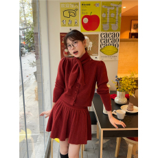 批发实拍 韩版宽松长袖开衫毛衣百褶裙围巾三件套装