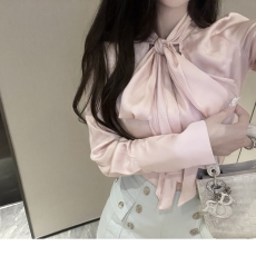 批发韩雨嘉粉色蝴蝶结衬衫女<b class='q'>秋</b>季洋气小衫高级设计感衬衣长袖上衣