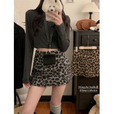 批发实拍实价  秋冬新款复古小奶咖豹纹羊羔毛包臀裙高腰修身<b class='q'>显瘦</b>短裙