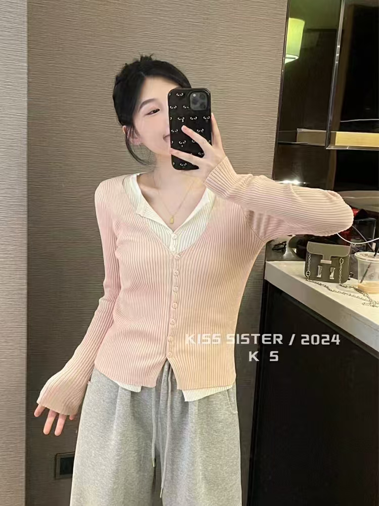 PF28953#设计感撞色时尚假两件针织衫女百搭复古别致打底上衣潮女裝貨源服裝批發