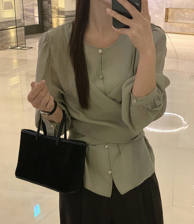 BY35560# 韩国chic法式气质叠式交叉系带衬衣上衣 服裝批發女裝批發服飾貨源