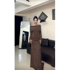 批发设计师集成满钻星河<b class='q'>一字肩</b>连衣裙闪耀褶皱轻纱吸睛圣诞年会长裙