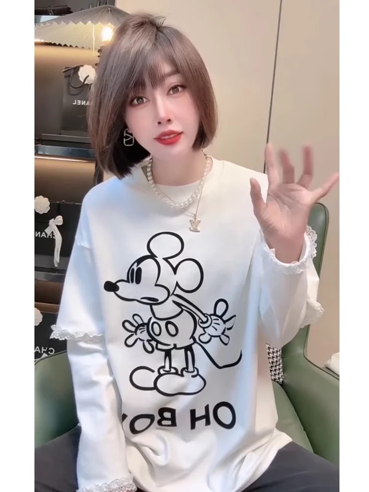 PF28958#欧货卡通植绒印花假两件拼接蕾丝边圆领长袖女宽松慵懒上衣女裝貨源服裝批發