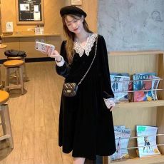 批发金丝绒连衣裙春季大码女胖妹妹法式<b class='q'>复古</b>赫本风小黑裙显瘦气质裙子