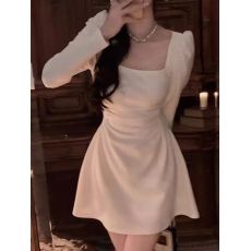 批发韩国外贸<b class='q'>欧洲站</b>初恋小白裙收腰长袖a字方领连衣裙春季<b class='q'>新款</b>女装