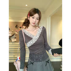 批发实拍~大码女装纯欲假两件打底衫V领蕾丝衫上衣