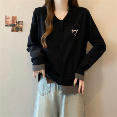 批发实拍现货大码<b class='q'>女</b>装胖妹妹设计感Polo领拼接长袖针织秋冬胖mm上衣