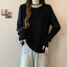 批发实拍 黑色钻领 小香风<b class='q'>长袖</b>针织衫<b class='q'>大码</b>春秋胖妹妹上衣微胖<b class='q'>长袖</b>毛衣