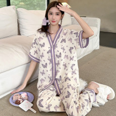 批发夏季新款睡衣女短袖长<b class='q'>裤</b>薄款泡泡棉肌理感蝴蝶ins甜美学生家居服