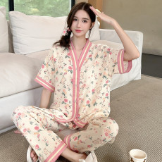 批发<b class='q'>婴儿</b>棉感ins风睡衣女夏天薄款泡泡纱碎花短袖长裤宽松版居家套装