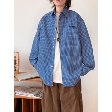 批发美式复古慵懒宽松蓝色格子长袖衬衫男2024新款百搭休闲刺绣衬衣潮