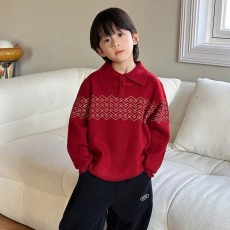 批发<b class='q'>男童</b>红色<b class='q'>毛衣</b>儿童POL0针织衫秋冬新款中大童上衣宝宝新年衣服国风