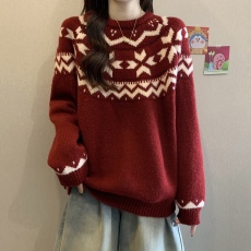 批发复古提花新年红色毛衣女2025秋冬<b class='q'>大码</b>胖mm宽松遮肉时尚减龄<b class='q'>针织衫</b>