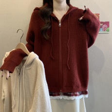 批发冬季假两件开衫连帽毛衣外套女宽松慵懒感针织衫复古格子拼接拉链
