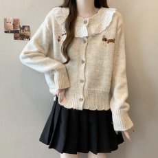 批发实拍~大码蕾丝花边刺绣圆领毛衣开衫女秋<b class='q'>冬</b>甜美风韩版针织外套