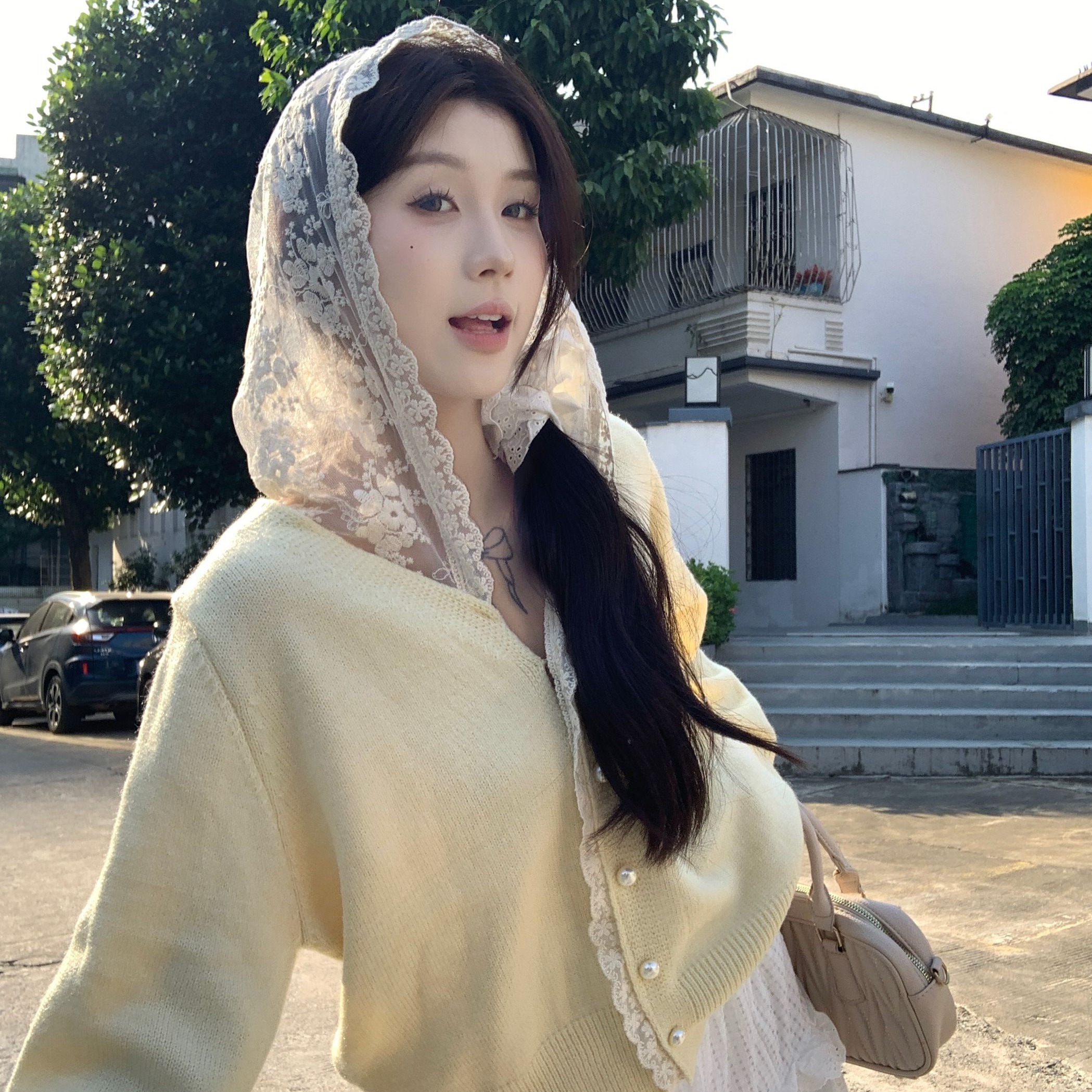 PF29134#小香风蕾丝连帽针织开衫女温柔奶呼呼毛衣超好看上衣女裝貨源服裝批發