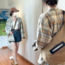 批发幂式穿搭复古格子衬衫外套女夏<b class='q'>秋</b>季衬衣法式亚麻棉麻长袖早<b class='q'>秋</b>上衣