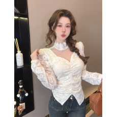 批发实拍秋冬法式V领拼接挂脖型修身不规则甜美<b class='q'>泡泡袖</b>套头打底衬衣