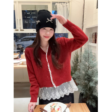 批发实拍 秋冬 新款温柔百搭气质法式复古毛衣拼接蕾丝外套